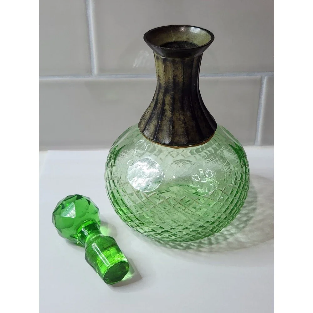 Vintage Small Green Decanter Cologne Bottle with Stopper Metal Collar Cut Glass